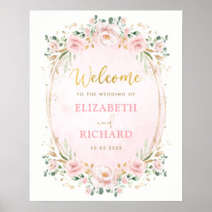 Poster Élégante Bienvenue de Mariage Rose Foncé Or Floral