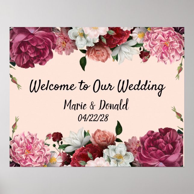 Poster Elégante Bourgogne et Fleurs roses (Devant)