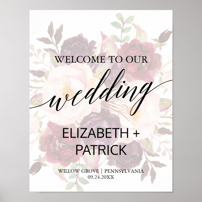 Poster Élégante calligraphie | Accueil du Mariage floral  (Devant)