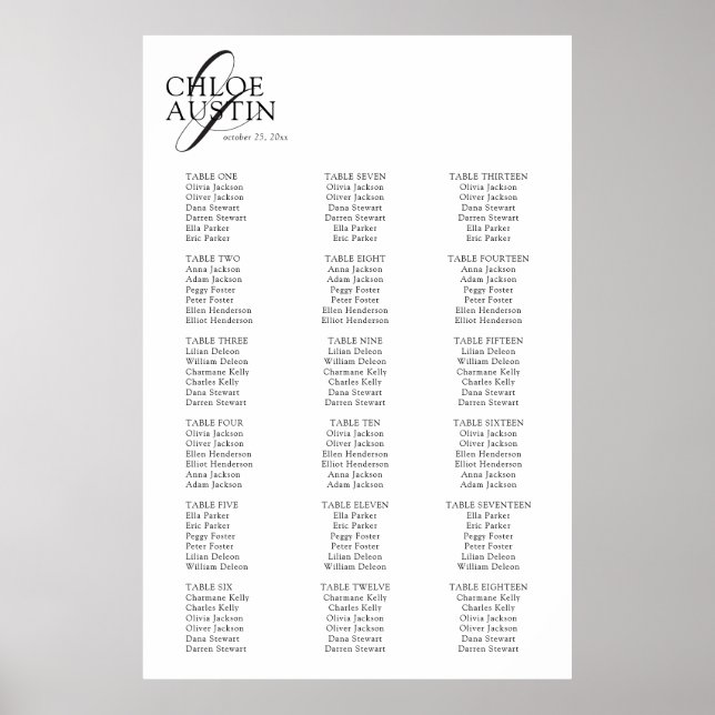Poster Élégante calligraphie BlackWedding Seating Chart (Devant)