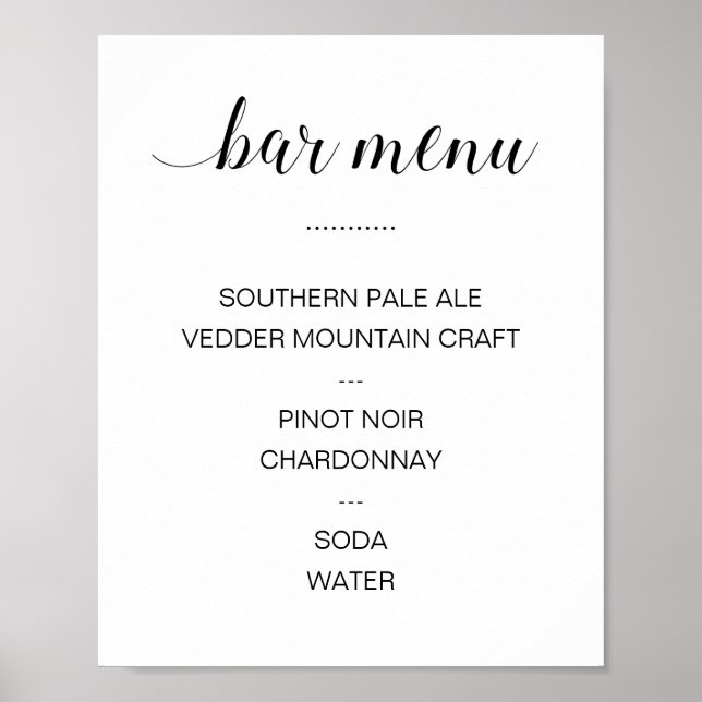 Poster Élégante calligraphie Boisson Bar Mariage de menu (Devant)