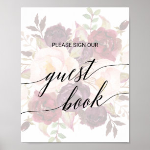 Poster Élégante calligraphie Faded Floral Guest Book Sign