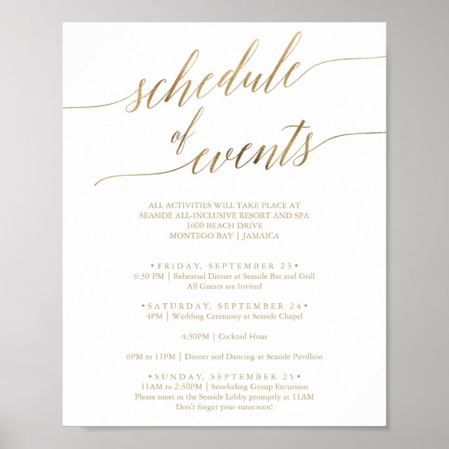 Poster Élégante calligraphie or Calendrier des événements (Devant)