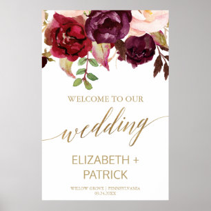 Poster Élégante calligraphie or Floral Mariage Bienvenue