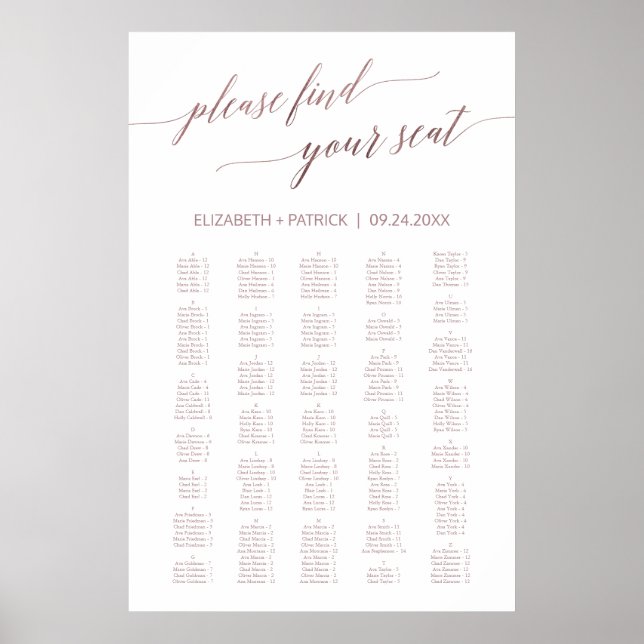 Poster Élégante calligraphie Rose Or 200+ Seating Chart (Devant)