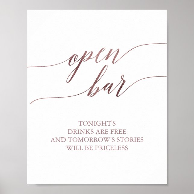 Poster Élégante calligraphie Rose or Open Bar Sign (Devant)