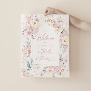 Poster Élégante cigogne rose rose floral rose Bébé Fille 