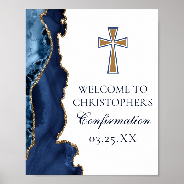 Poster Élégante confirmation Croix Marine Blue Gold Agate (Devant)