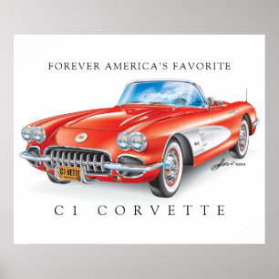 Poster Elégante Corvette C1 Illustration Rouge