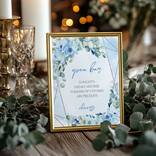 Poster Elégante couleur bleu clair aquarelle floral Ouver (Elegant soft blue watercolor floral Open bar sign)