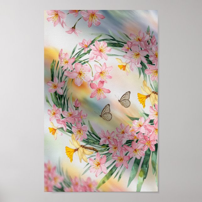 Poster Elégante couronne florale d'aquarelle avec papillo (Devant)