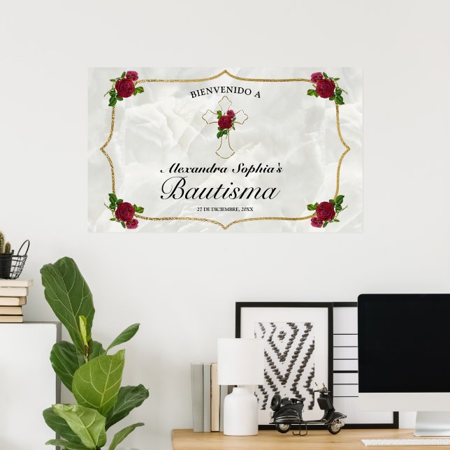 Poster Elegante Cruz Dorada Rosas Rojas Niñas Bautismo (Bureau à domicile)