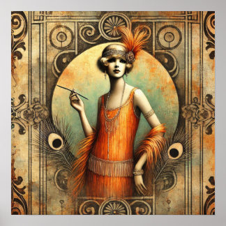Poster Élégante dame en effigie dans une robe orange, Art