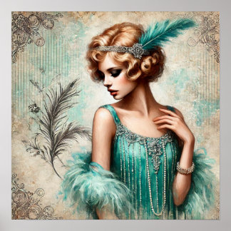 Poster Élégante dame en effigie dans une robe turquoise, 