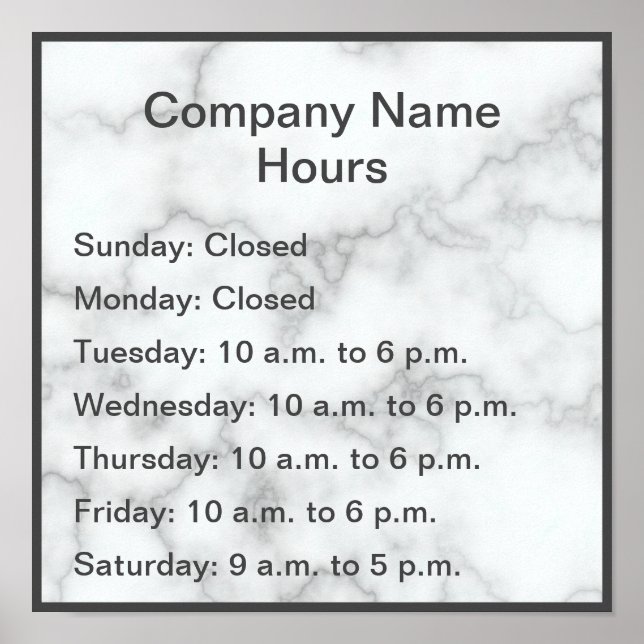 Poster Elégante Faux Marbre Heures d'opération (Devant)