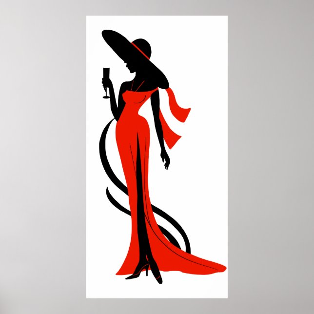 Poster Elégante femme silhouette rouge robe avec verre (Devant)