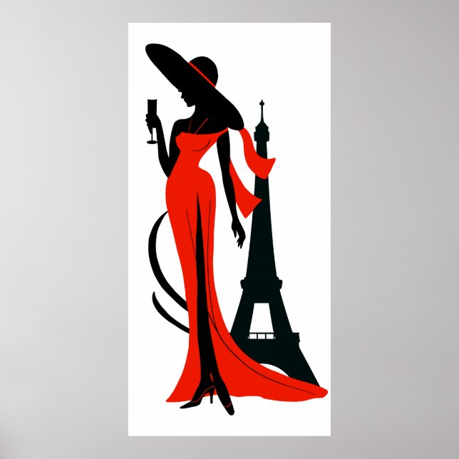 Poster Elégante femme silhouette rouge robe avec verre (Devant)