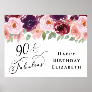 Poster Elégante fête d'anniversaire Floral Bourgogne rose