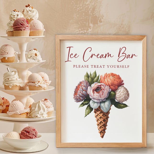 Poster Elégante Fête des mariées Boho Ice Cream Bar (Elegant Boho Bridal Shower Ice Cream Bar Sign)