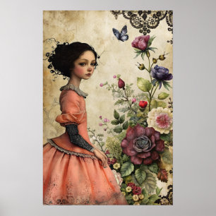 Poster Élégante fille victorienne unique dans un jardin f