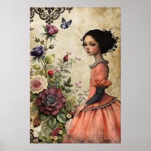 Poster Élégante fille victorienne unique dans un jardin f