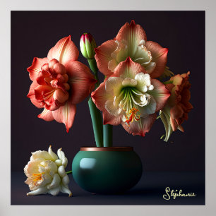 Poster Élégante Fleur d'Amaryllis Blanc Orange