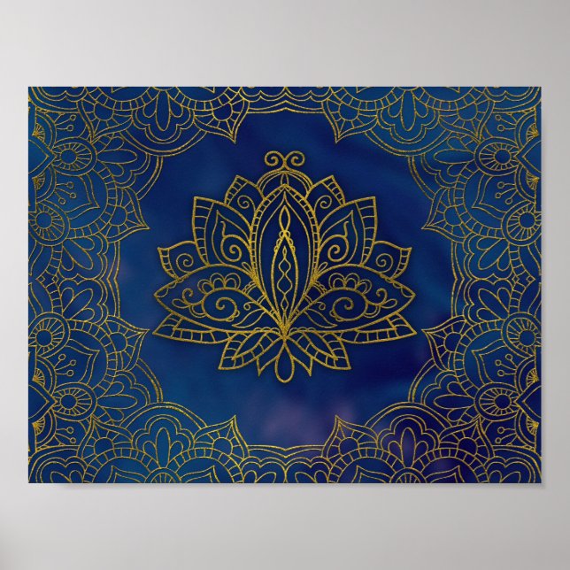 Poster Élégante fleur de Lotus or sur bleu (Devant)