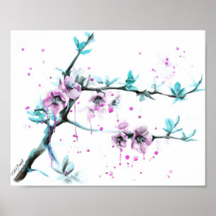 Poster Elégante fleur de printemps Pink floral aquarelle 