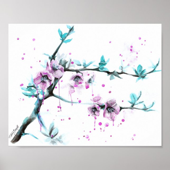 Poster Elégante fleur de printemps Pink floral aquarelle  (Devant)