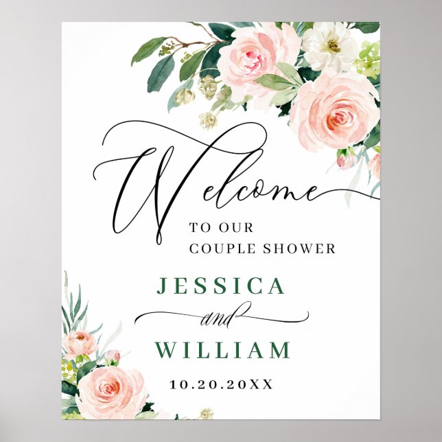 Poster Elégante Fleurs Roses Blancs Boho Couples Douche (Devant)