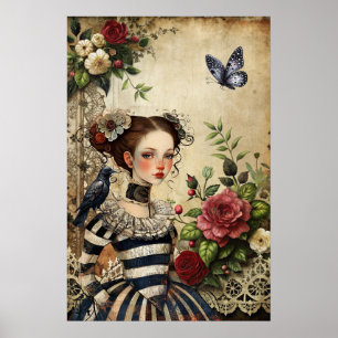 Poster Elégante Gothique Girl & Raven Dans Jardin Rose