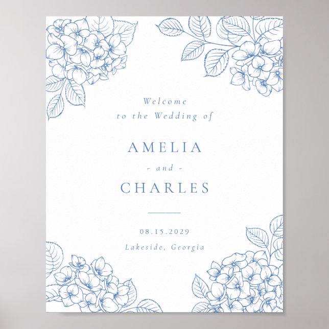 Poster Élégante Hydrangea Bleue Florale Mariage Bienvenue (Devant)