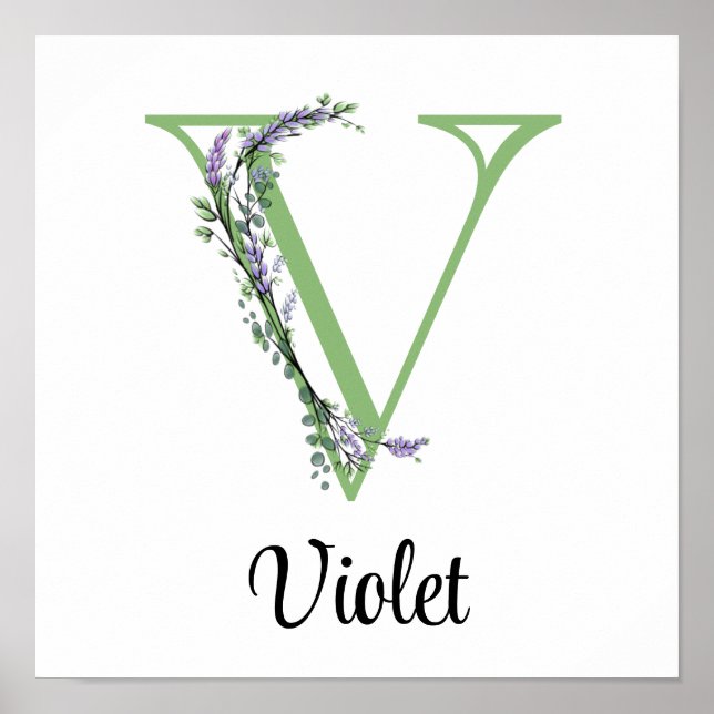 Poster Elégante lettre alphabétique V Lavender Eucalyptus (Devant)