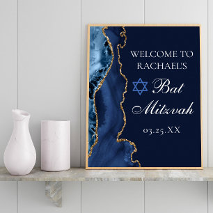 Poster Elégante Marine Blue Gold Agate Bat mitzvah Party