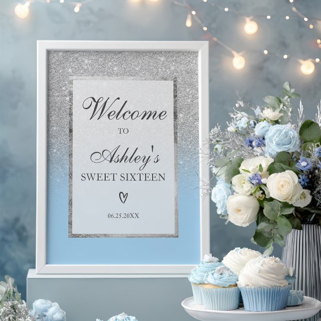 Poster Elégante parties scintillant Argent ombre Bleu Dou (Elegant Silver glitter ombre Blue Sweet 16 Welcome Poster)