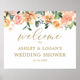 Poster Elégante Pêche Or Florale Wedding shower Bienvenue