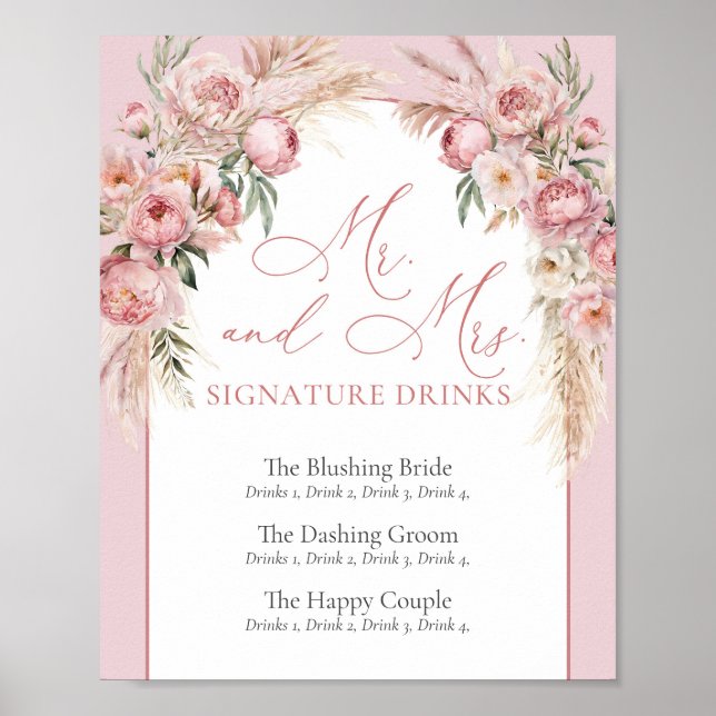 Poster Elégante pivoines blush pampas boho arc Signature (Devant)