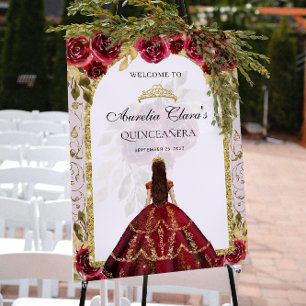 Poster Elégante Princesse Rouge Floral Quinceañera Annive