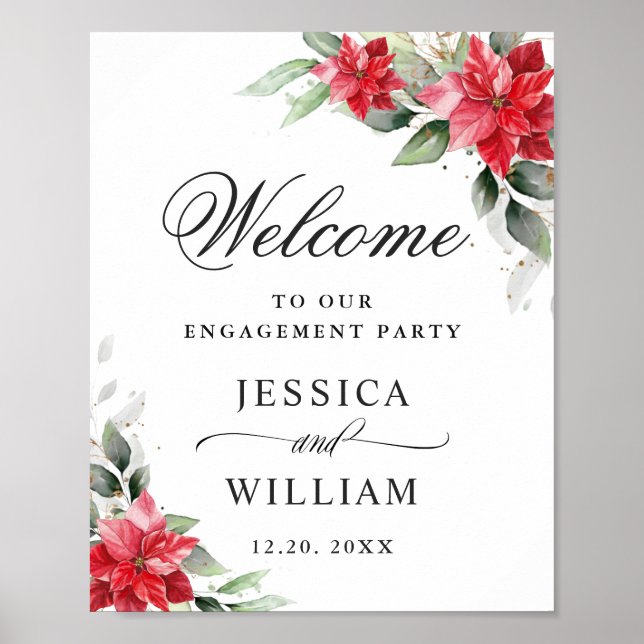 Poster Élégante Red Poinsettia ENGAGEMENT PARTY Bienvenue (Devant)
