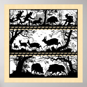 Poster Élégante Scène De Chasse Courir Cerf Sauvage Boar