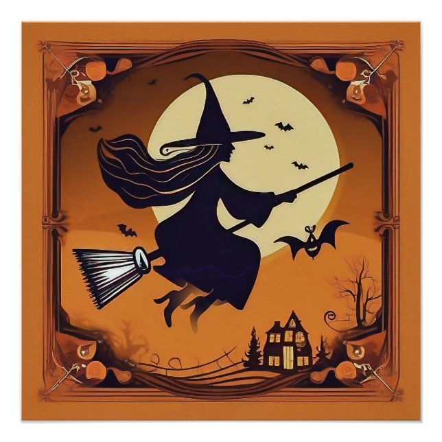 Poster Élégante sorcière sur Broomstick (Devant)