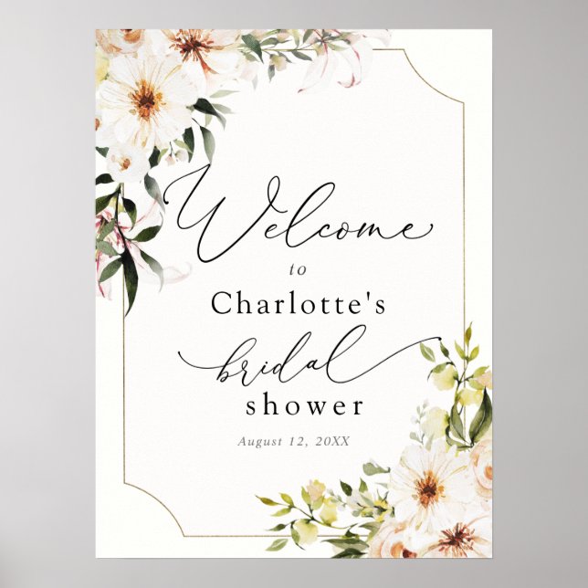 Poster Élégante verdure et fleurs blanches Bienvenue à la (Devant)