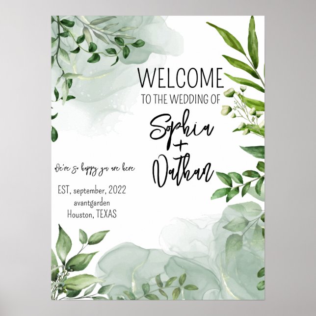 Poster Elégante verdure feuille faire-part de mariage (Devant)