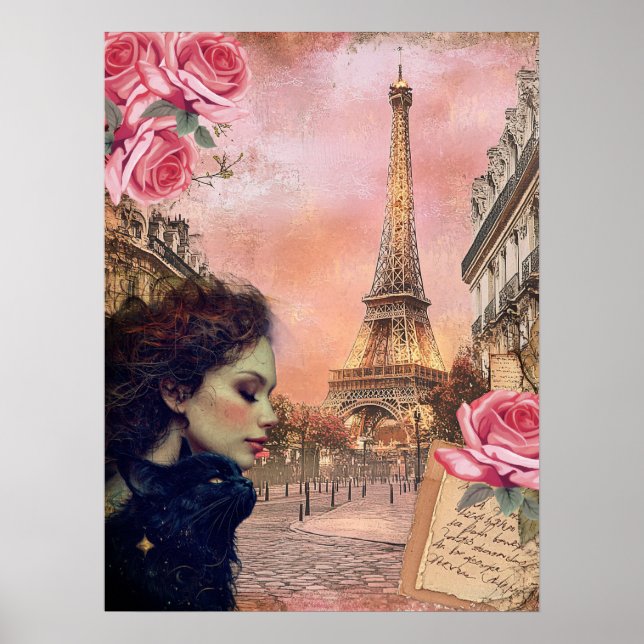 Poster Elégante Victorienne Fille & Chat Noir À Paris (Devant)