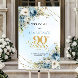 Poster Élégantes fleurs bohèmes bleues or 90e anniversair