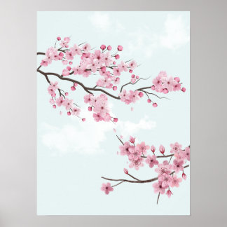 Poster Élégantes fleurs de cerises roses