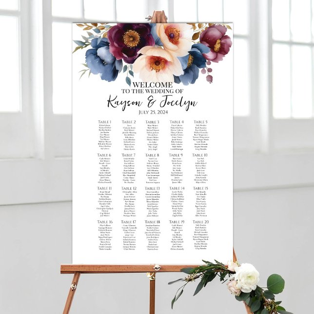 Poster Élégantes fleurs mariage carte de sièges 20 tables (Créateur téléchargé)