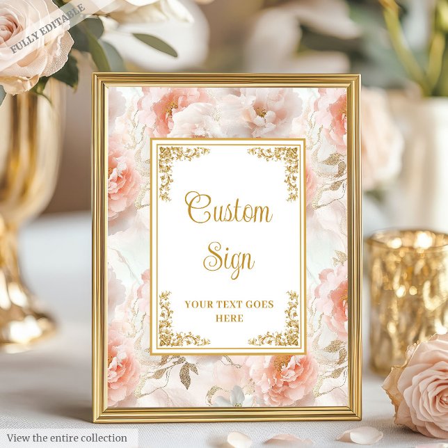 Poster Élégantes fleurs rousses et mariage d'or signe per (Elegant blush flowers and gold wedding custom sign)