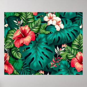 Poster Élégants Feuilles tropicaux et fleurs d'Hibiscus  