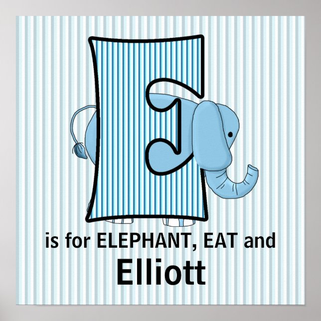 Poster Élément de chambre bébé Éléphant Bleu Monogrammé (Devant)